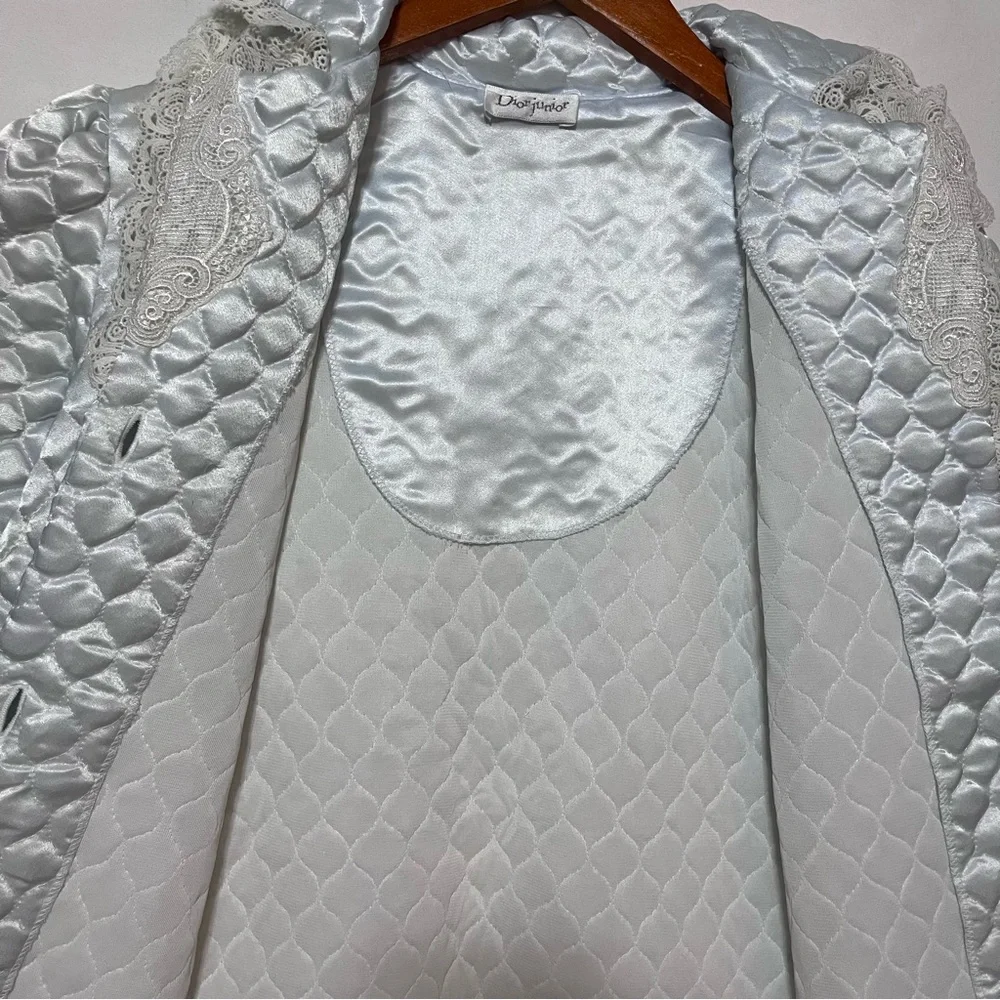 Vintage Dior Junior Quilted Satin‎ Lace Trim Robe Coat Light Blue Hostess 1960s